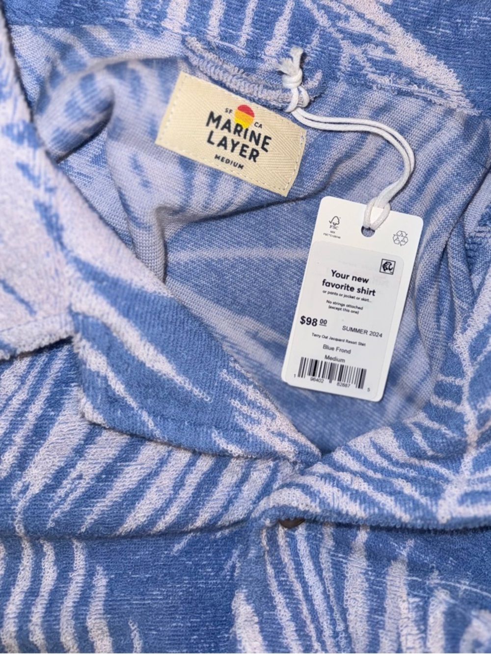 Marine Layer NWT Blue Frond Terry Out Jacquard Resort Shirt - Picture 6 of 8